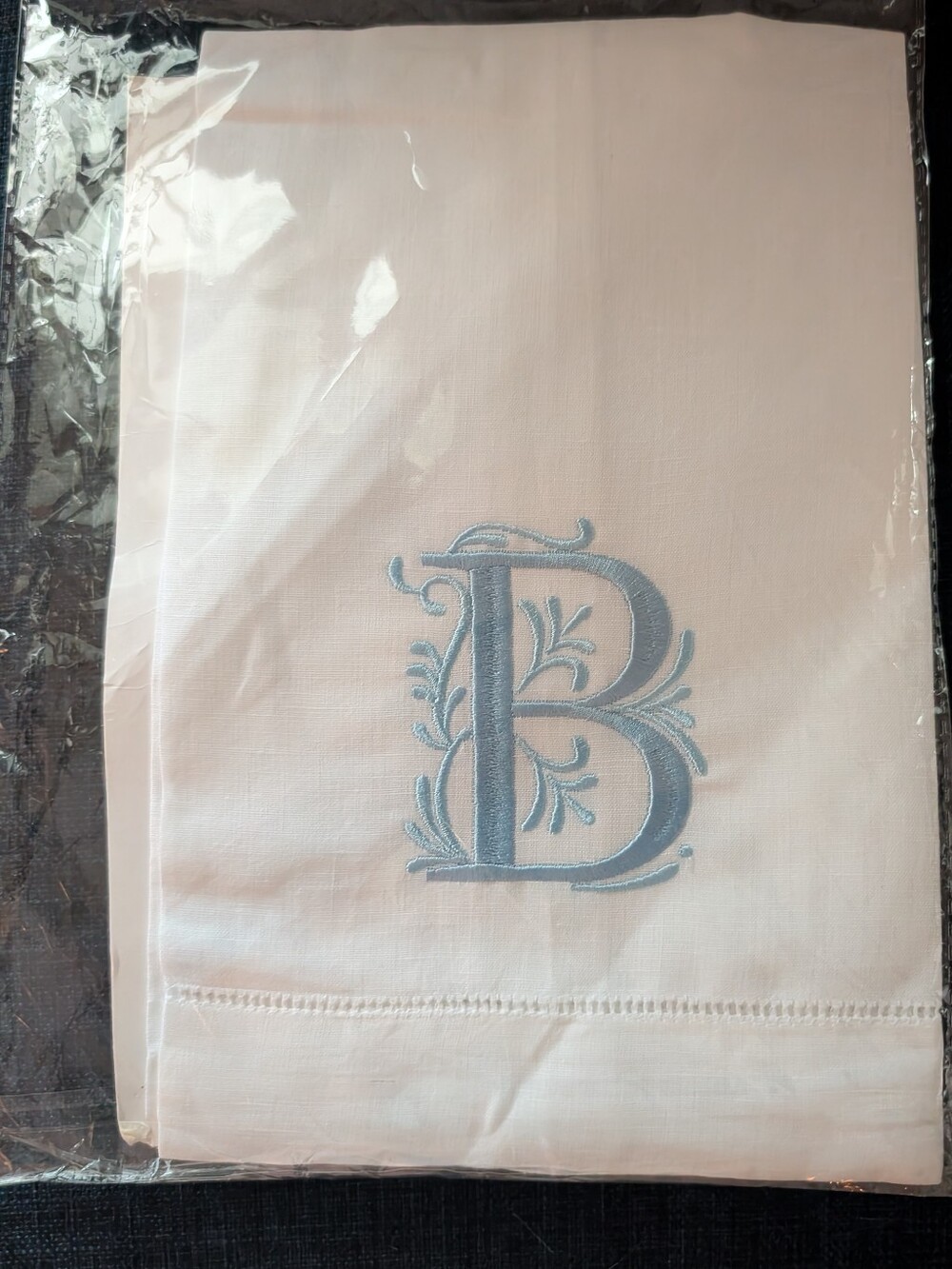 White Cotton Tea Towel with Light Blue Embroidered 'B' Monogram
